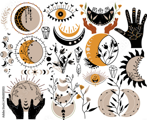 Celestial boho Moon phase. Mystical heavenly moon, mystic hand, crystal, leaf, flowers. Bohemian Witchcraft moon. Mysterious Lunar set. Vector illustration.