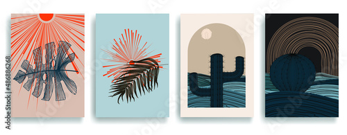 Poster with desert landscape, cactus and dunes in boho style .Minimal design with grunge elements . Trendy brochure . Vector illustration .