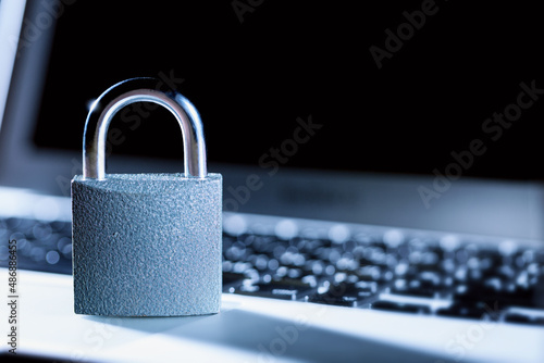 Padlock on laptop. Internet data privacy information security concept. Antivirus and malware defense.