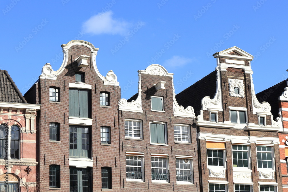 Amsterdam Oude Turfmarkt Street Historic House Facades with Bell and Neck Gables, Netherlands