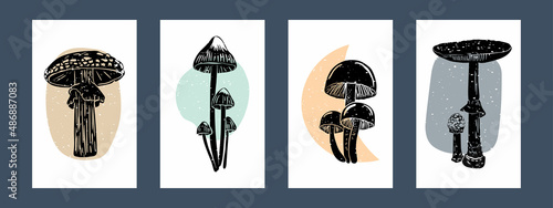 Mushrooms. Hand drawn trendy Vector illustration. Perfect For your own decoration or design. Poster templates