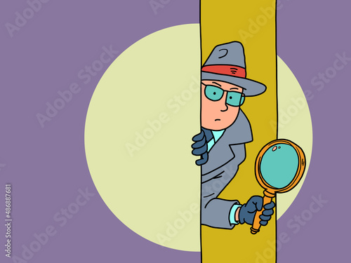 The detective looks out with a magnifying glass from behind the door, a man in a coat, hat and glasses