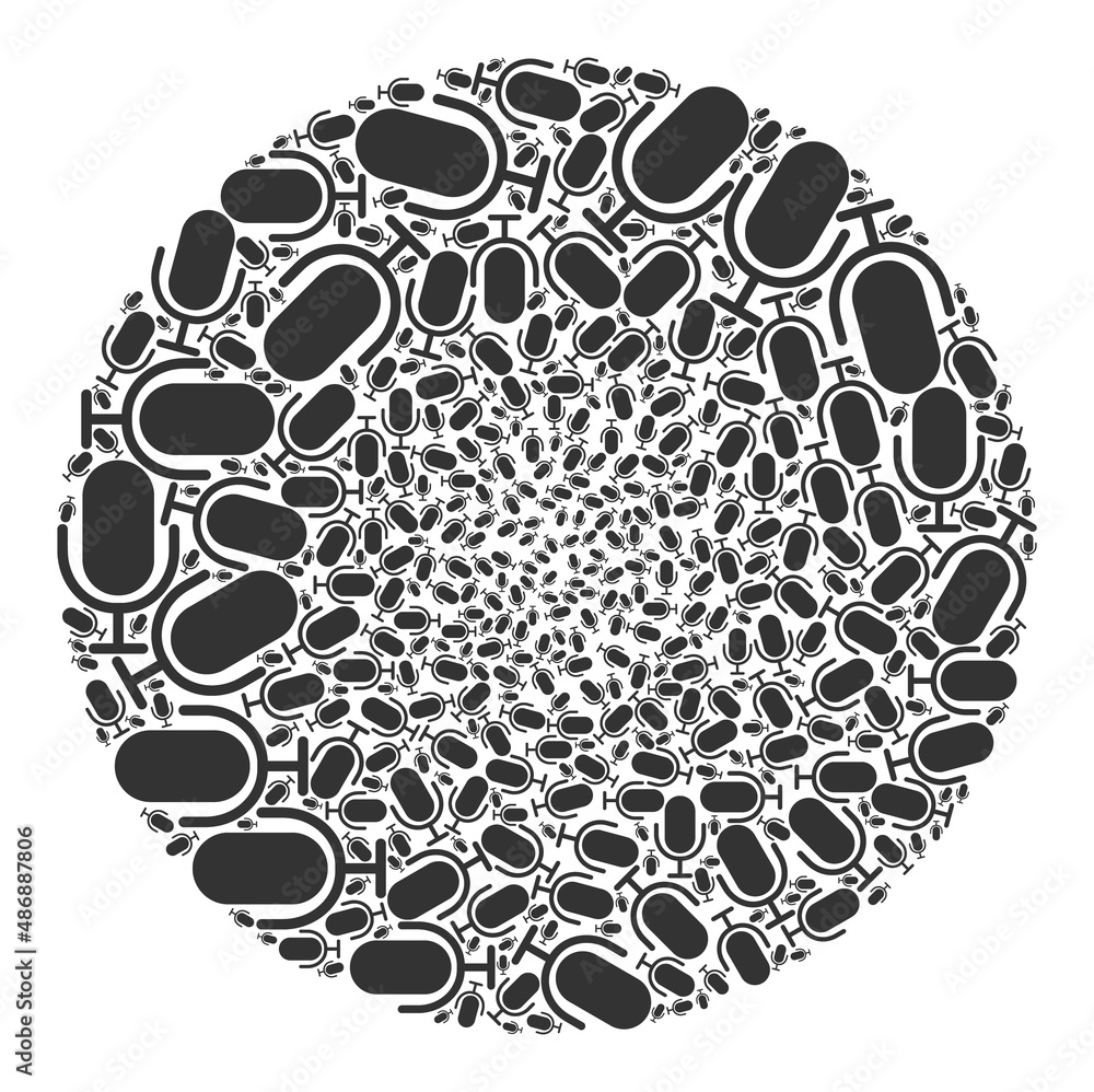 Fototapeta premium Microphone symbols are scattered into circle collection. Microphone icon bubble collage. Abstract spheric bubble collage designed from microphone symbols.