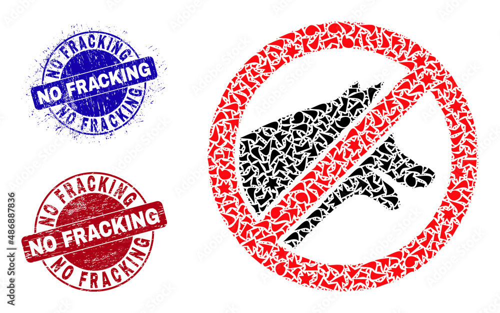 Round NO FRACKING grunge rubber prints with text inside round forms, and spall mosaic stop dogs icon. Blue and red stamps includes NO FRACKING text. Stop dogs mosaic icon of fraction parts. Round NO FRACKING grunge rubber prints with text inside round forms, and spall mosaic stop dogs icon. Blue and red stamps includes NO FRACKING text. Stop dogs mosaic icon of fraction parts.