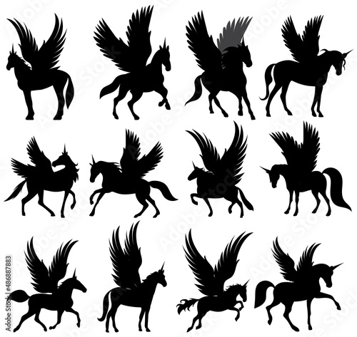 pegasus set black silhouette, isolated vector