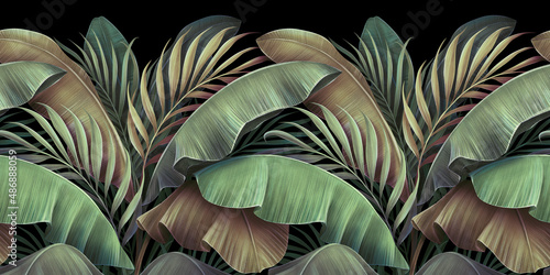 Tropical background  seamless border  luxury wallpaper  pattern  texture. Vintage green and beige banana leaves  palms  jungle. Hand-painted watercolor 3d illustration. Dark premium mural  glam cloth