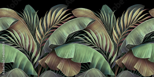Wallpaper Mural Tropical background, seamless border, luxury wallpaper, pattern, texture. Vintage green and beige banana leaves, palms, jungle. Hand-painted watercolor 3d illustration. Dark premium mural, glam cloth Torontodigital.ca