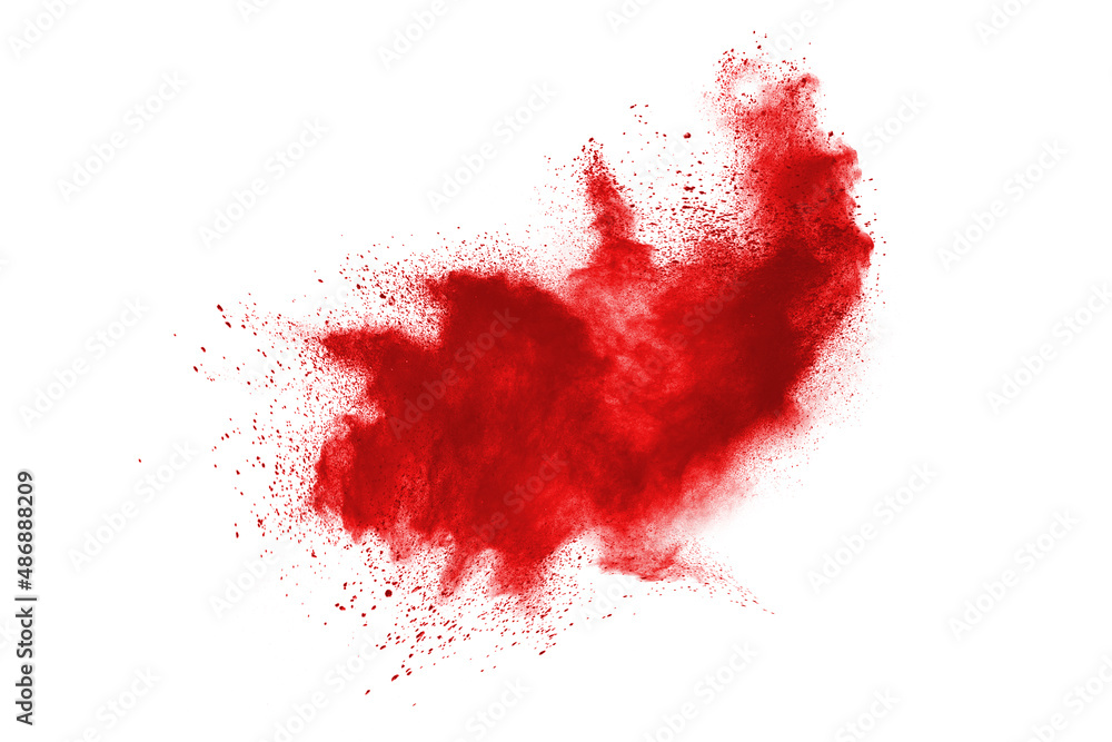 Red powder explosion isolated on white background.