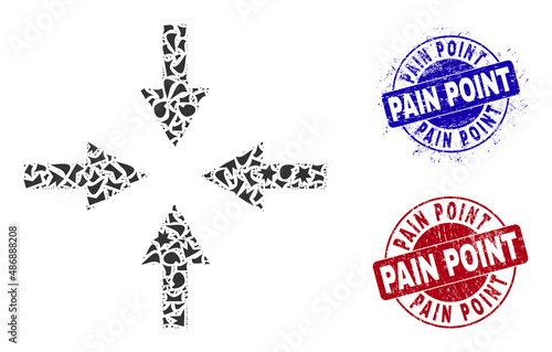 Round PAIN POINT scratched stamp imitations with caption inside round forms, and debris mosaic compress arrows icon. Blue and red stamp seals includes PAIN POINT caption.