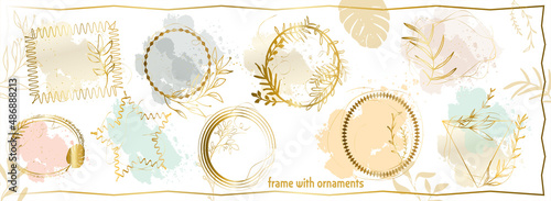 Set of floral frames with different grasses, ferns and leaves. Flower wreaths with ornaments and gold glitter effects. Element design. Vector illustration with colorful watercolors and gold.