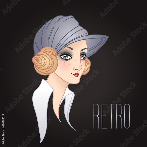 Art Deco vintage illustration of flapper girl. Retro party character in 1920s style. Vector design for glamour event or jazz party.