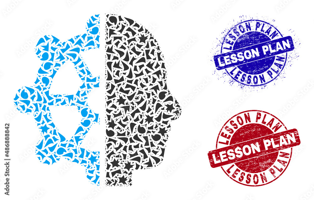 Round LESSON PLAN scratched stamp seals with caption inside round shapes, and shard mosaic intellect icon. Blue and red seals includes LESSON PLAN caption. Intellect mosaic icon of shatter items. Round LESSON PLAN scratched stamp seals with caption inside round shapes, and shard mosaic intellect icon. Blue and red seals includes LESSON PLAN caption. Intellect mosaic icon of shatter items.