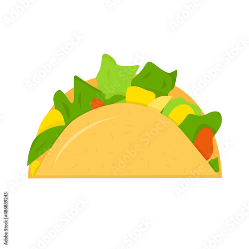 Taco with chicken nuggets, lettuce and tomato isolated on white background