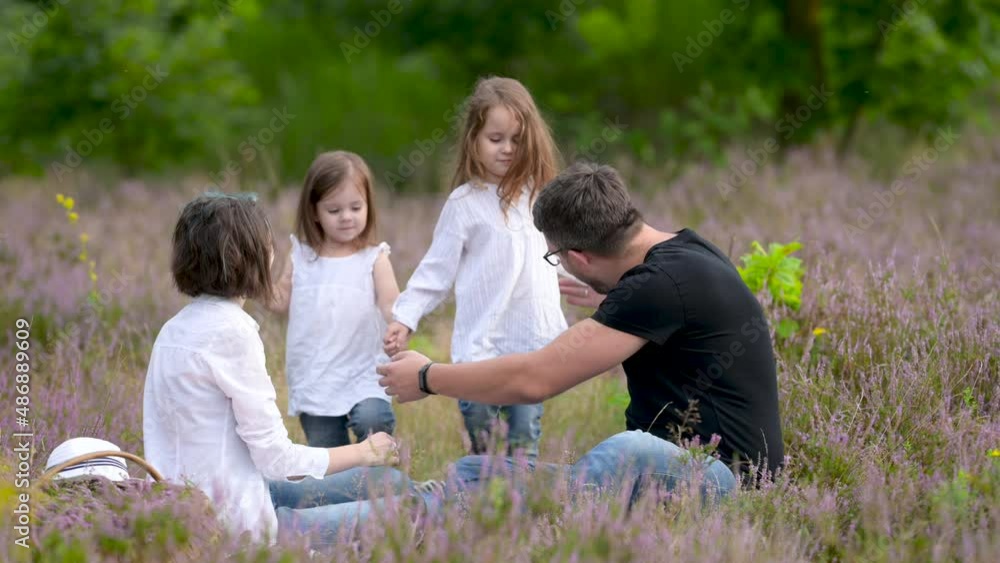 Happy smiling family resting on a green meadow. Mother, father and children having fun on summer day. Happy family outdoors
Happy smiling family resting on a green meadow. Mother, father and children having fun on summer day. Happy family outdoors