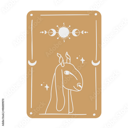 Mystical tarot card. Occult esoteric vintage tarot card with goat and lunar cycle. Witch fortune telling template theme. Vector illustration.