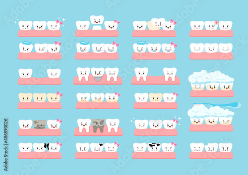 Cute teeth braces, implant, crooked and with tartar veneer in gum isolated. Oral health and dental surgery prosthetics treatment concept with kids kawaii funny teeth. Flat cartoon vector illustration.