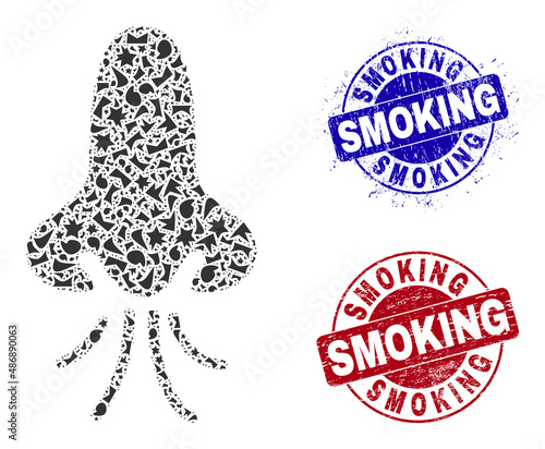 Round SMOKING dirty seals with caption inside round forms, and fragment mosaic nose snuff icon. Blue and red stamp seals includes SMOKING caption. Nose snuff mosaic icon of spall parts.