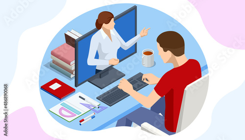 Isometric E-learning and Online Education for Student and University Concept. Webinar, Digital Classroom, Online Teaching Metaphors.