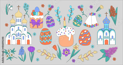 Vector Easter set: Christian church, spring flowers, Paska, Kulich,  colorful eggs isolated in the background.   beautiful Orthodox  Easter holiday card in the style of doodles.