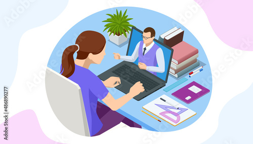 Isometric E-learning and Online Education for Student and University Concept. Webinar, Digital Classroom, Online Teaching Metaphors.