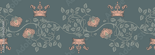 Floral vintage seamless border pattern for retro wallpapers. Enchanted Vintage Flowers. Arts and Crafts movement inspired. Design for wrapping paper, wallpaper, fabrics and fashion clothes.