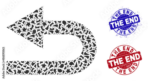Round THE END textured stamp seals with text inside round forms, and fragment mosaic turn left icon. Blue and red stamps includes THE END caption. Turn left collage icon of fragment particles.