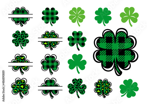 Clover icons set, Plaid pattern shamrock icons, Clover leopard print. Four leaf clover icons, Clover symbol of St. Patrick's Day, Vector illustration