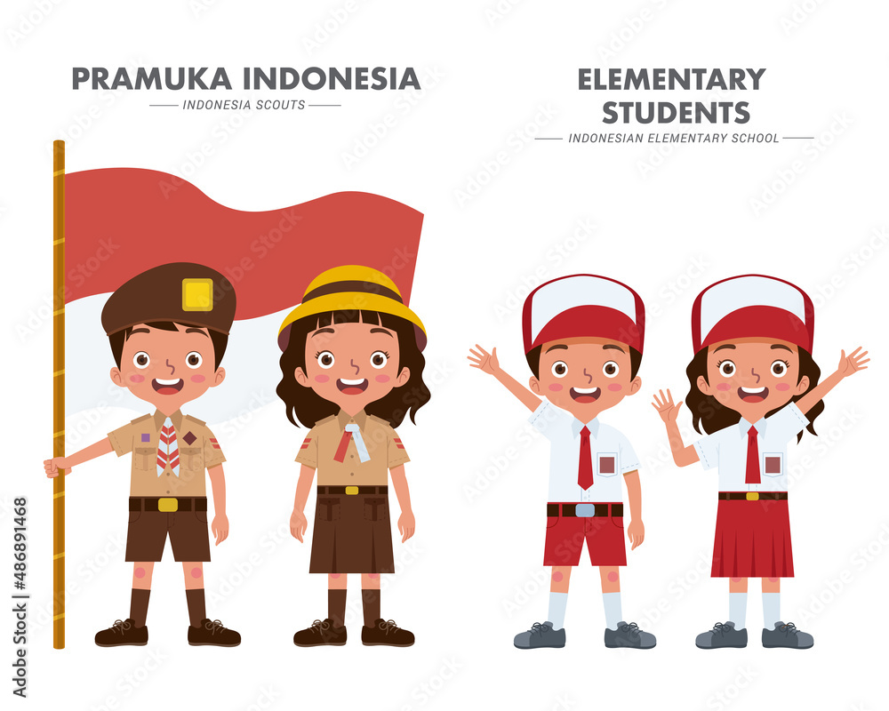 Indonesian elementary school students and scouts in uniform Indonesian elementary school students and scouts in uniform