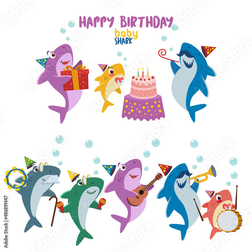 Set of illustration of shark family celebrating a birhday and playing a music together