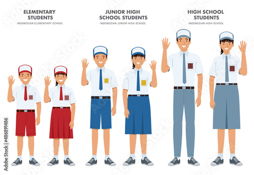 a set of illustrations of Indonesian students in uniform from elementary, middle, to high school