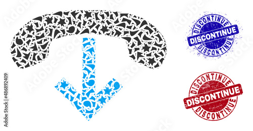 Round DISCONTINUE corroded stamp seals with word inside round forms, and spall mosaic phone hang up icon. Blue and red seals includes DISCONTINUE text. Phone hang up collage icon of spall elements.