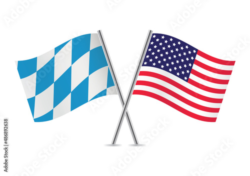 Bavaria lozenge and America crossed flags. The Free State of Bavaria and United States flags. Bavarian and American flags, isolated on white background. Vector icon set. Vector illustration.