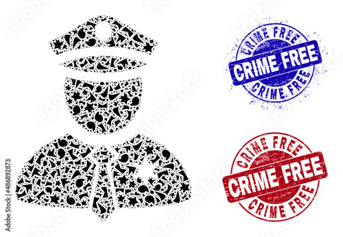 Round CRIME FREE corroded stamp imitations with text inside round forms, and spall mosaic police guy icon. Blue and red seals includes CRIME FREE text. Police guy mosaic icon of spall elements.