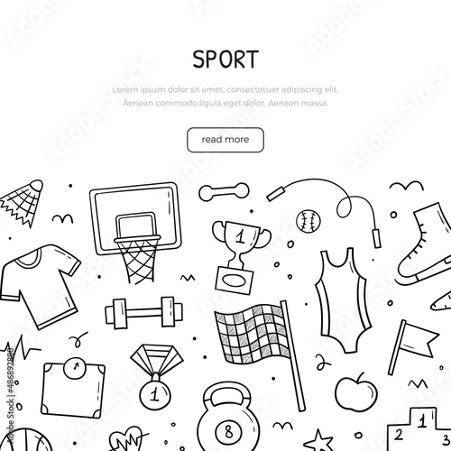 Hand drawn doodle set of Sports theme items. Banner template. Collection fitness objects and elements. Sketch style. Vector illustration.