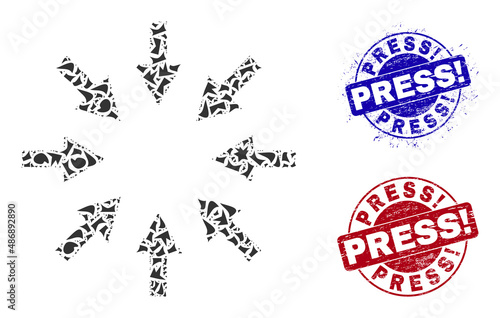 Round PRESS! rubber stamp seals with tag inside round forms, and debris mosaic compact arrows icon. Blue and red stamp seals includes PRESS! tag. Compact arrows mosaic icon of fraction parts.