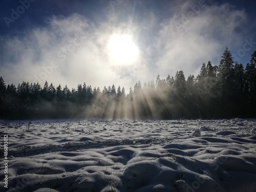 Godrays, fog and bumpy snow. 
