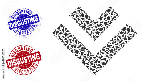 Round DISGUSTING textured stamp imitations with word inside round forms, and debris mosaic shift down icon. Blue and red stamp seals includes DISGUSTING title.