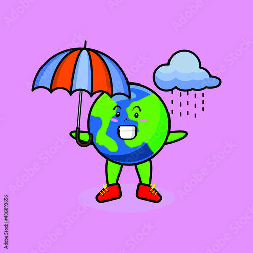 Cute cartoon earth character in the rain and using an umbrella in 3d modern style design