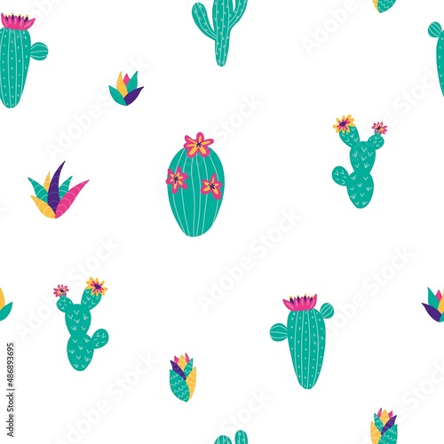 Seamless pattern cacti in cute style in bright colors. Perfect for fabric, textile, nursery decoration, wrapping paper