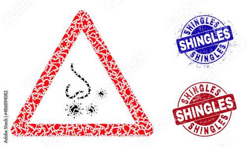 Round SHINGLES unclean seals with caption inside circle forms, and debris mosaic nasal infection warning icon. Blue and red stamp seals includes SHINGLES caption.