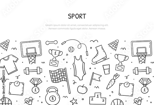 Hand drawn set of Sports objects and elements. Banner template horizontal. Collection fitness signs and symbols. Doodle sketch style. Vector illustration.