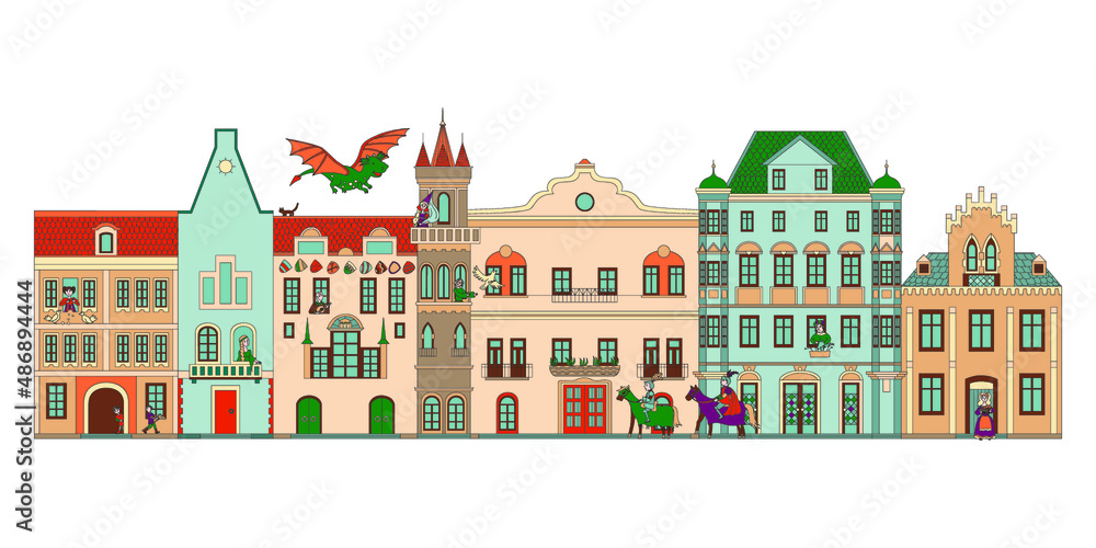 The medieval city. Fairy dragon, princess, knights. Outline drawing. Street with cute houses.