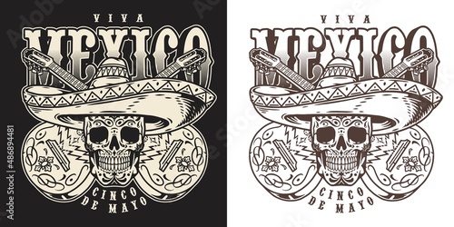 Skull against crossed guitars emblem