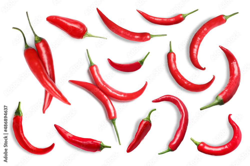 Set with red hot chili peppers on white background Set with red hot chili peppers on white background