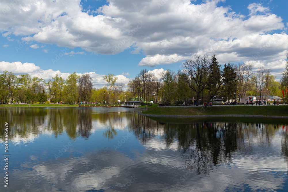 MOSCOW, RUSSIA - May 07, 2021: Beautiful Ostankino Park in Moscow, spring pond