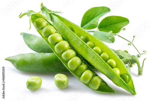 Perfect green peas in pod isolated on white background.