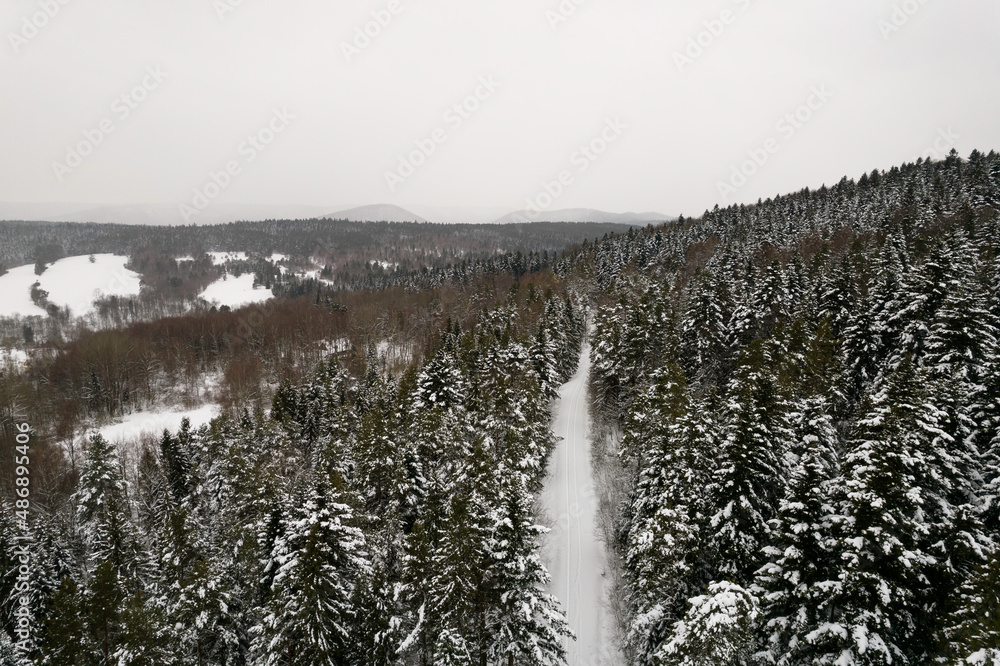 Zimowy widok na pokryte śniegiem góry, Beskid Niski i Beskid Sądecki - obrazy, fototapety, plakaty 