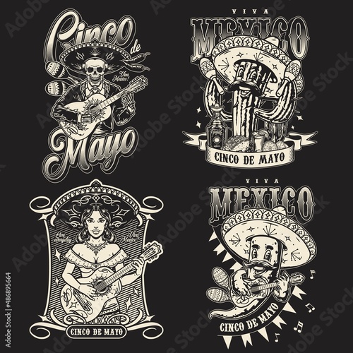 Mexican music monochrome badges set