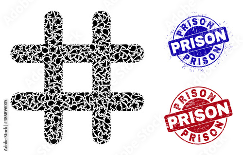 Round PRISON textured stamp seals with caption inside circle shapes, and fraction mosaic prison icon. Blue and red stamp seals includes PRISON caption. Prison mosaic icon of shatter parts.