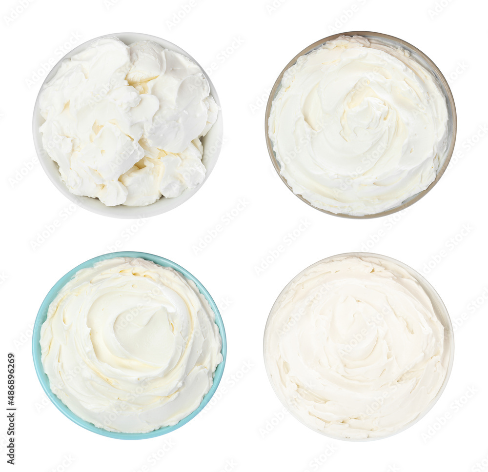 Tasty fresh cream cheese on white background, top view Tasty fresh cream cheese on white background, top view